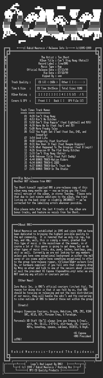 NFO file for Too_Short-Cant_Stay_Away_(Retail)-1999-RNS