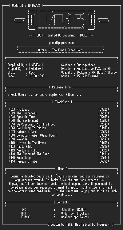 NFO file for Ayreon_-_The_Final_Experiment_(1996)-UBE