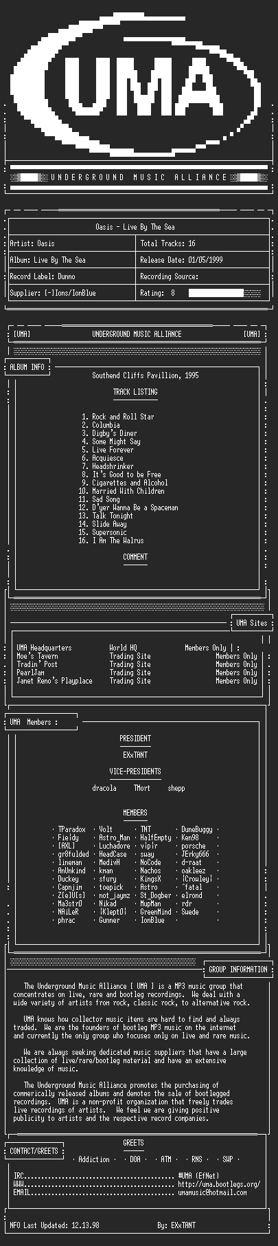 NFO file for Oasis-Live_By_The_Sea-1995-UMA