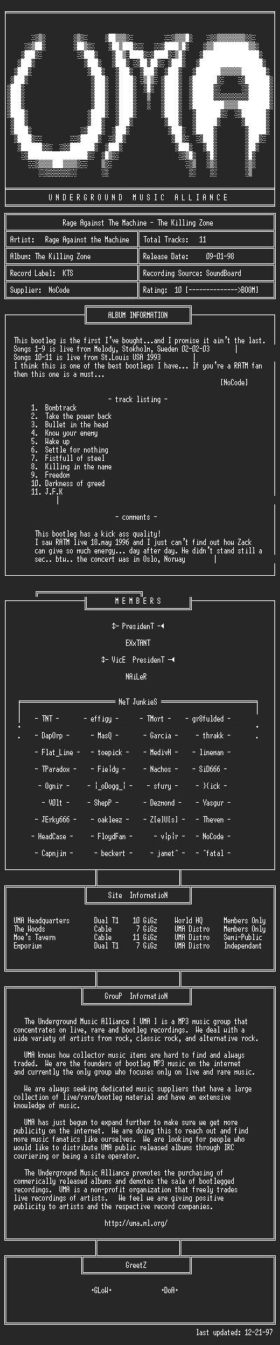 NFO file for Rage_Against_The_Machine-The_Killing_Zone-UMA