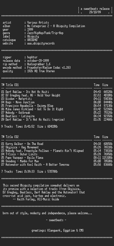 NFO file for VA-No_Categories_2--A_Ubiquity_Compilation-1999-sb