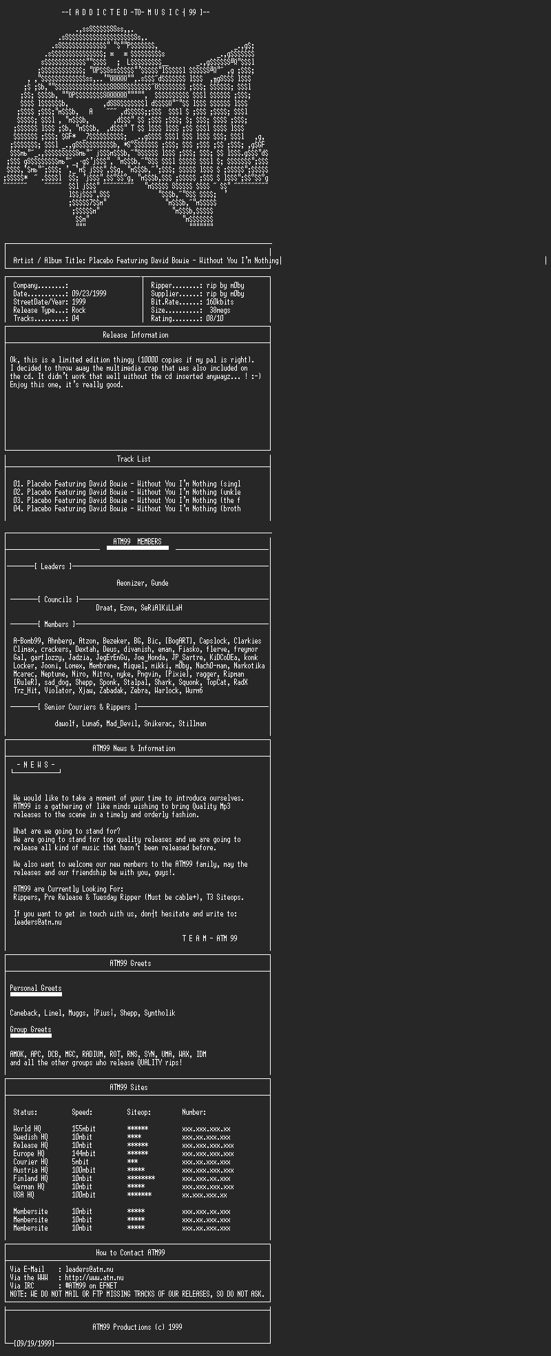 NFO file for Placebo_&_David_Bowie_-_Without_You_Im_Nothing_CDS_(1999)-ATM99