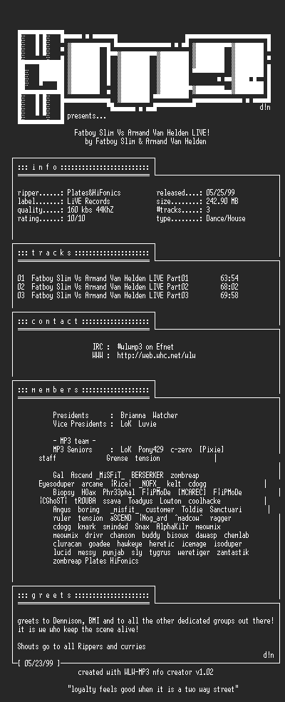 NFO file for Armand_Van_Helden_vs_Fatboy_Slim_LIVE-1999-WLWMP3