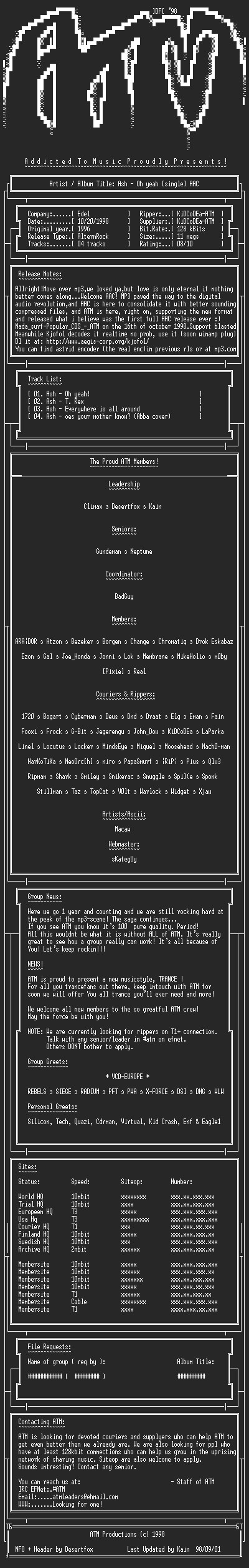 NFO file for Ash_-_Oh_Yeah_CDS_(1996)_AAC_-_ATM