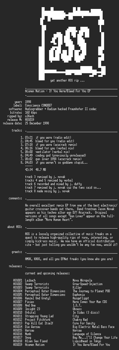 NFO file for Acumen_Nation-If_You_Were-Bleed_For_You-(1998)-ASS