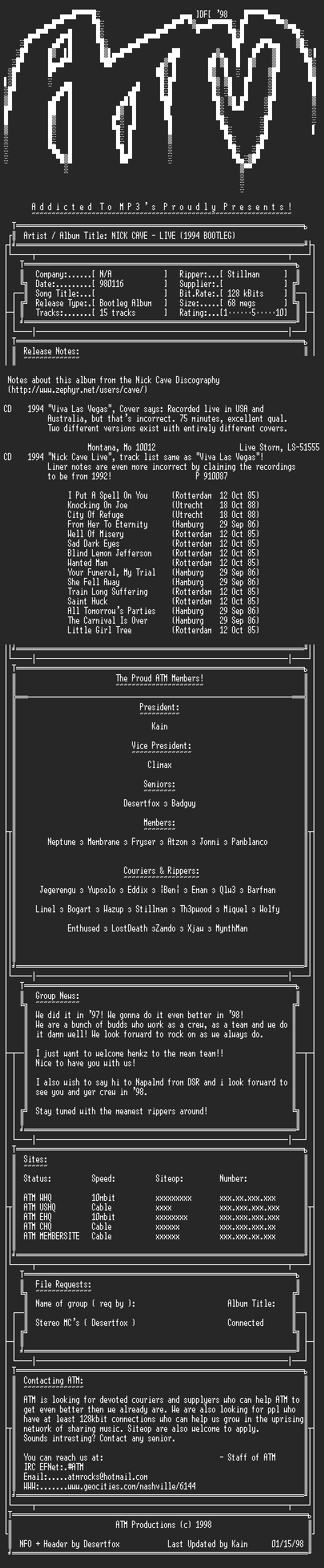 NFO file for Nick_Cave_-_Live_-_Bootleg_(1994)_-_ATM