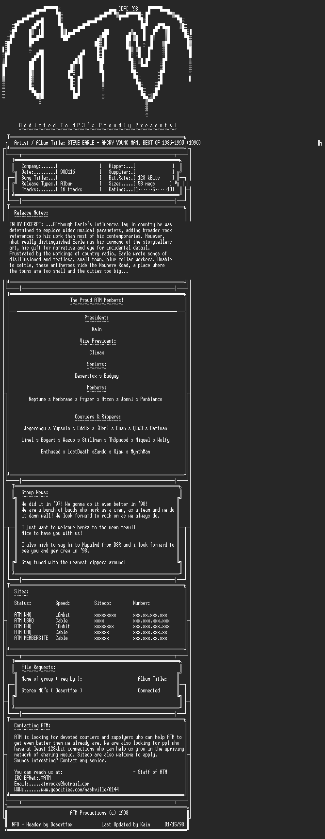 NFO file for Steve_Earle_-_Angry_Young_Man,_The_Very_Best_Of_1986-1990_(1996)_-_ATM