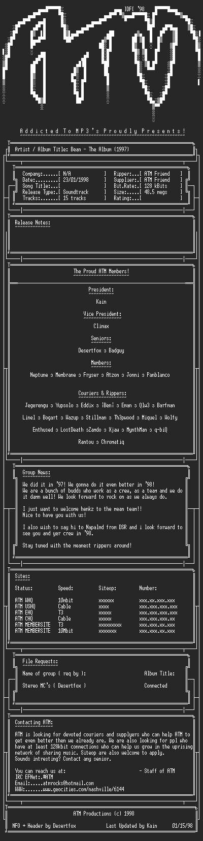 NFO file for Bean_-_The_Album_(1997)_-_ATM