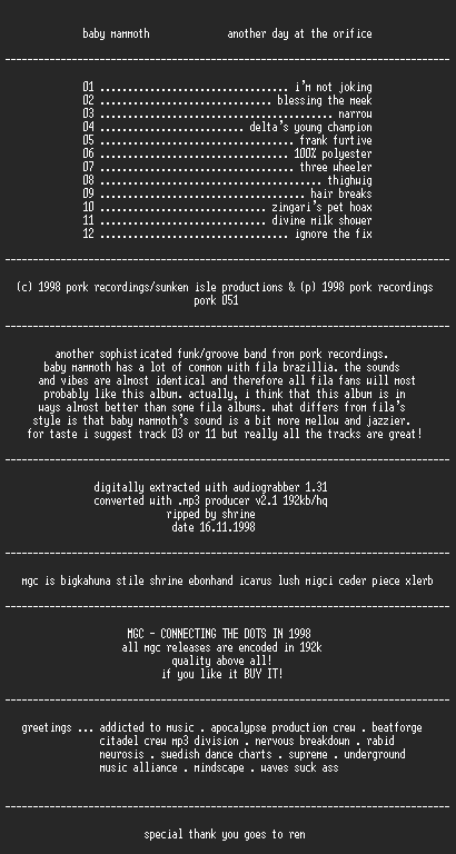 NFO file for Baby_Mammoth_-_Another_Day_At_The_Orifice-MGC