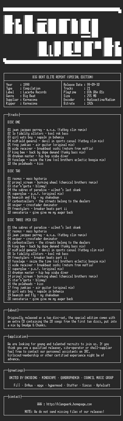 NFO file for Big.beat.elite.repeat.(special.edition)-1998-kW