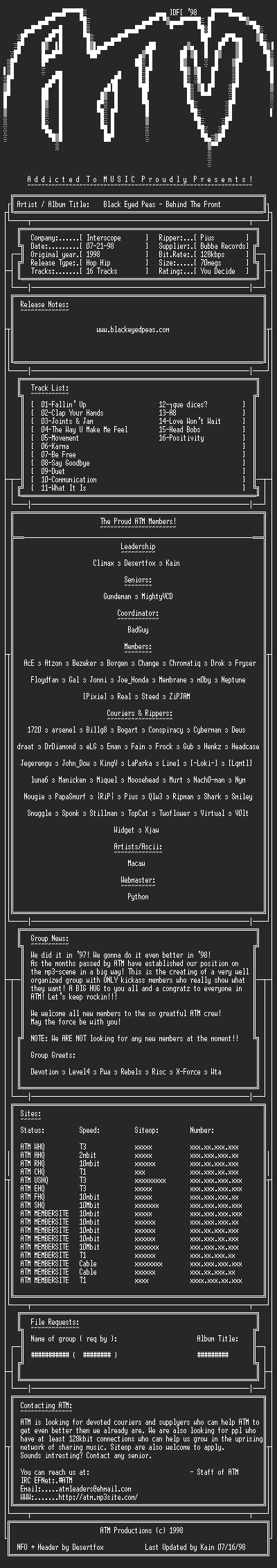 NFO file for Black_Eyed_Peas_-_Behind_The_Front_(1998)_-_ATM