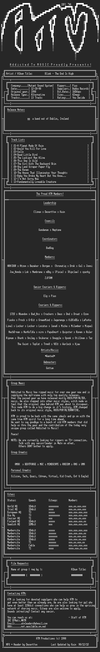 NFO file for Blink_-_The_End_Is_High_(1998)-ATM