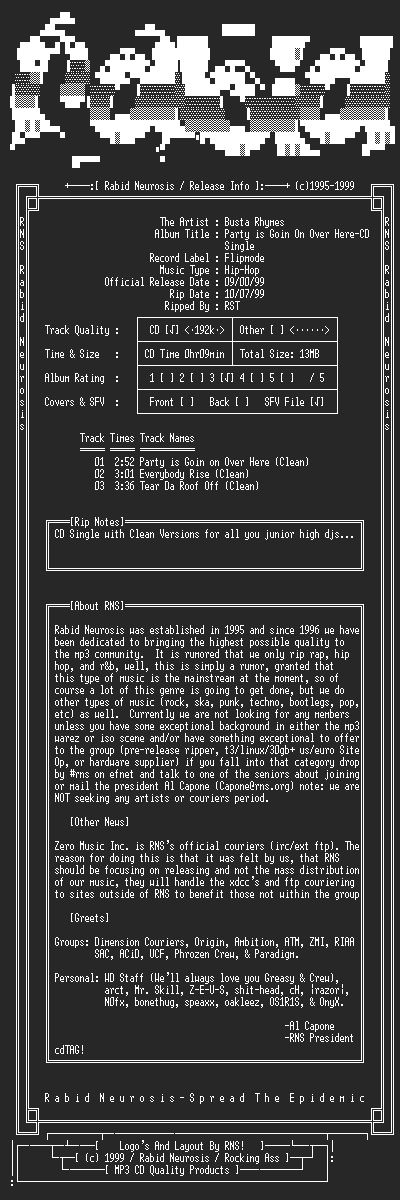 NFO file for Busta_Rhymes-Party_is_Goin_On_Over_Here-CD_Single-1999-RNS