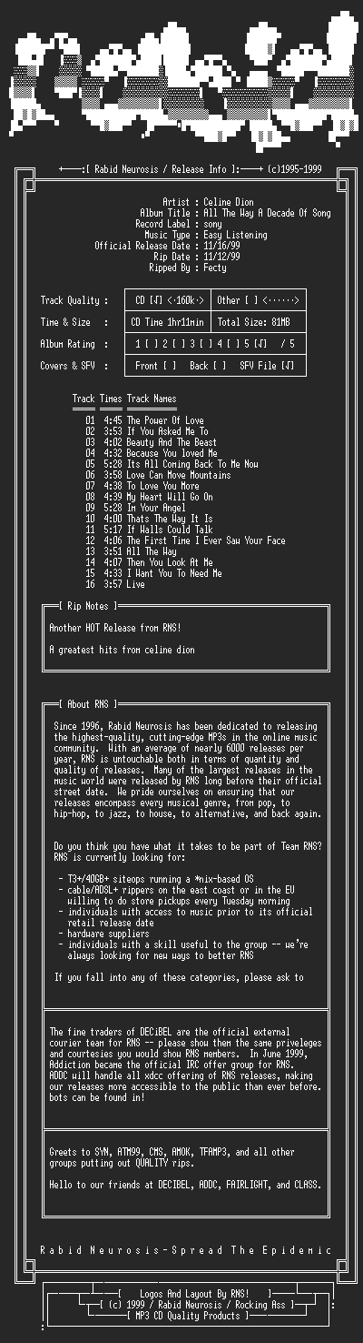 NFO file for Celine_Dion-All_The_Way_A_Decade_Of_Song-1999-RNS