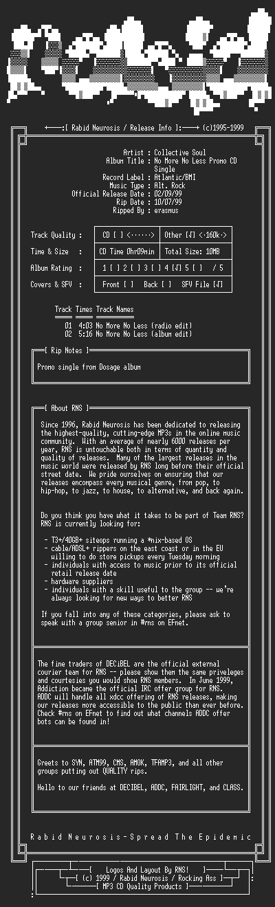 NFO file for Collective_Soul-No_More_No_Less-Promo-1999-RNS