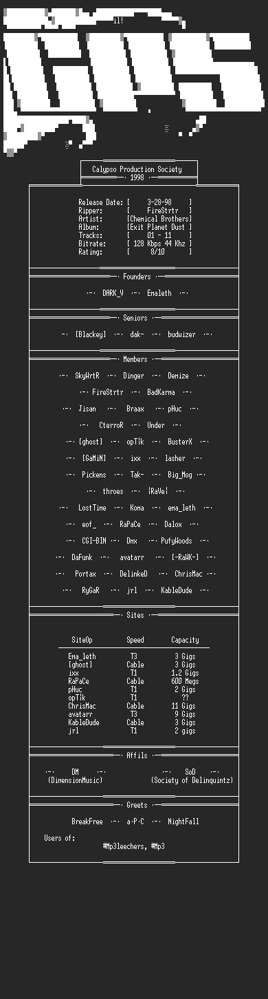 NFO file for Chemical_Brothers-Exit_Planet_Dust-Firestrtr-CPS