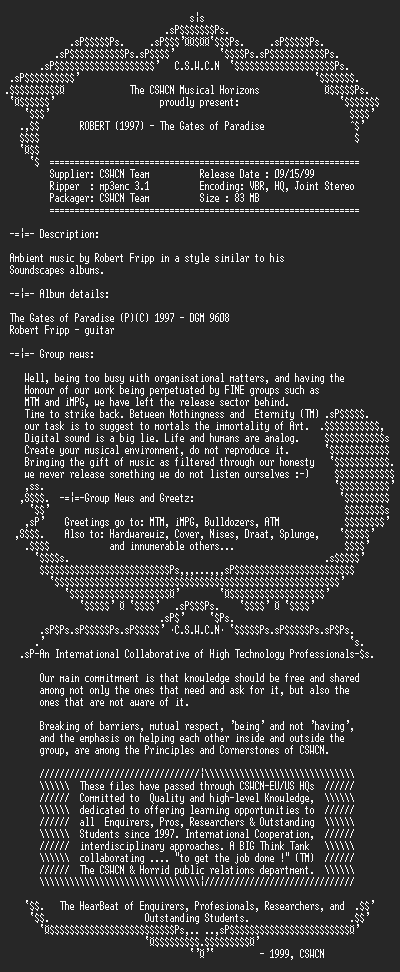 NFO file for ROBERT-The_Gates_Of_Paradise-(1997)-CSWCN