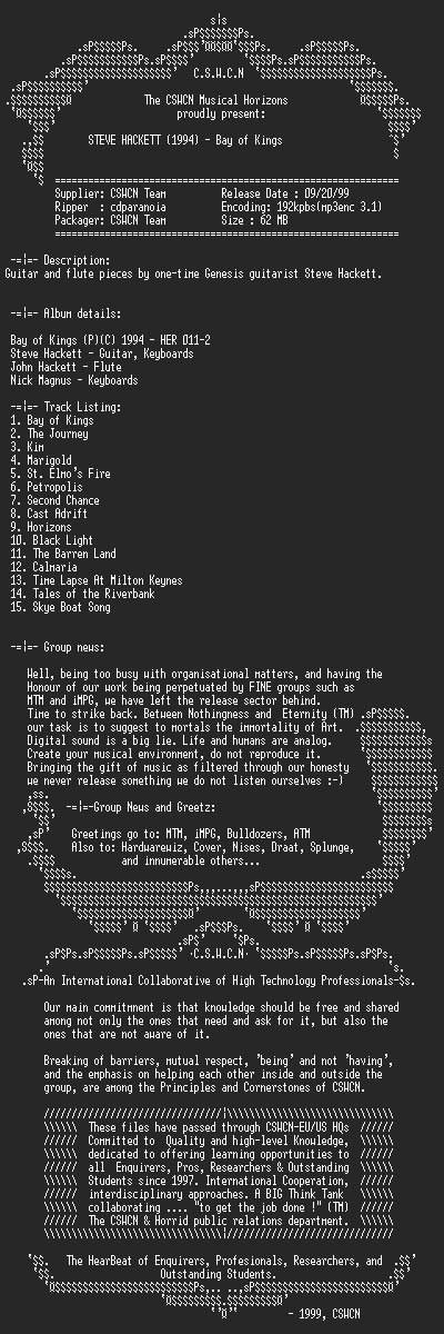 NFO file for STEVE_HACKETT-Bay_Of_Kings-(1994)-CSWCN