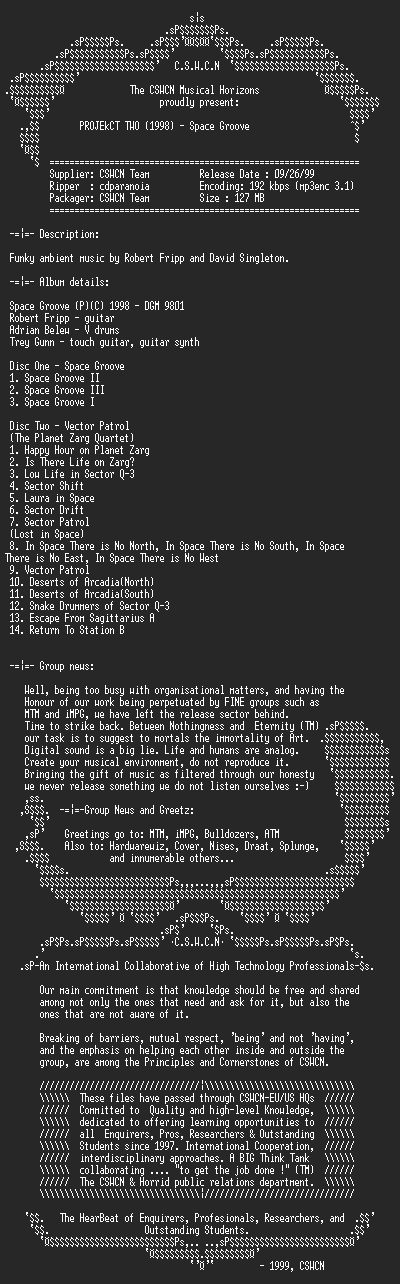 NFO file for PROJEkCT_TWO-Space_Groove-(1998)-CSWCN