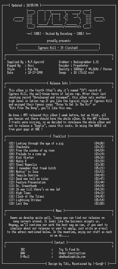 NFO file for Cypress_Hill_-_IV_(limited)-1998-UBE