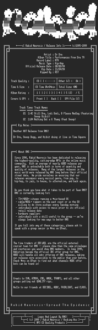 NFO file for Dr_Dre-Performances_From_Dre_TV-1999-RNS