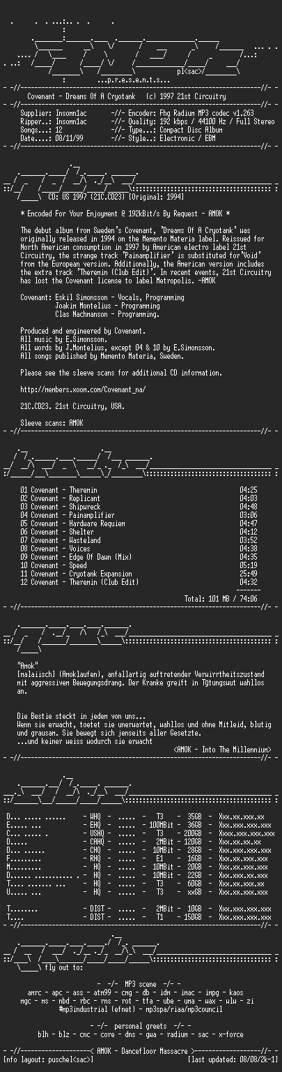 NFO file for Covenant-Dreams_Of_A_Cryotank-(1997)-AMOK