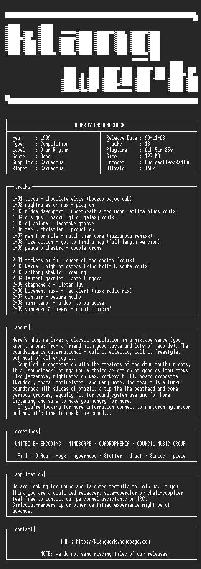 NFO file for drumrhythmsoundcheck-1999-kW