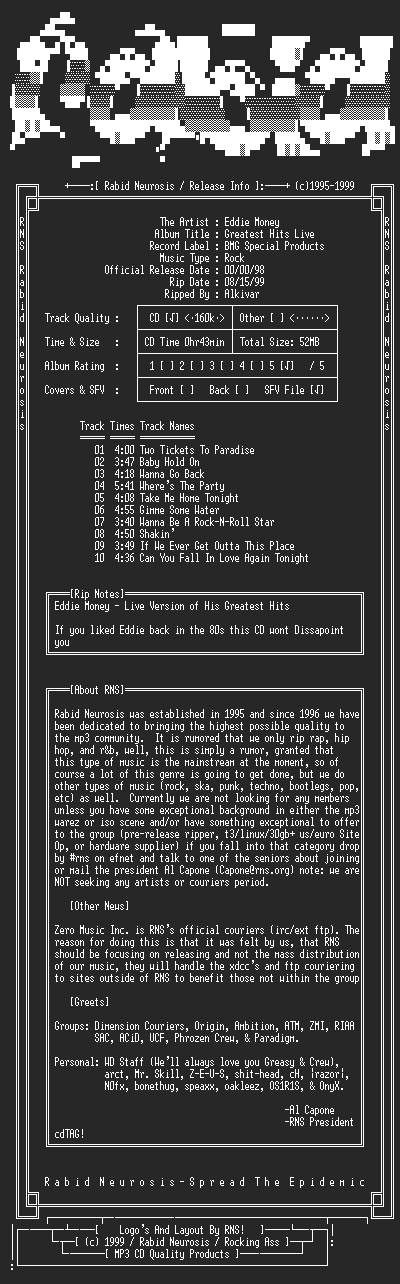 NFO file for Eddie_Money-Greatest_Hits_Live-1998-RNS