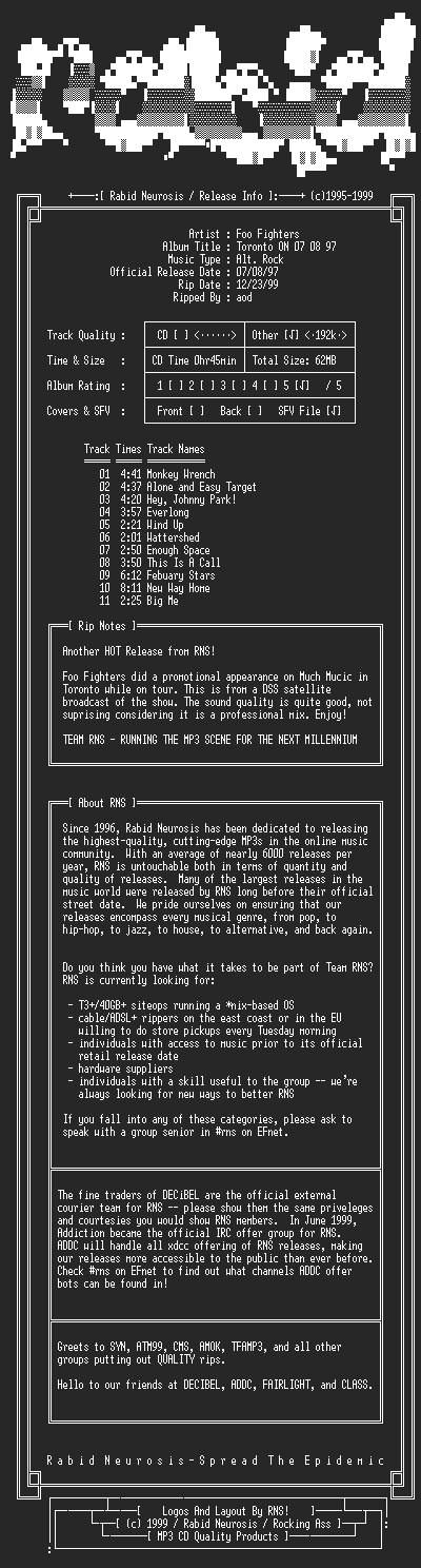 NFO file for Foo_Fighters-Toronto_ON_07_08_97-1997-RNS