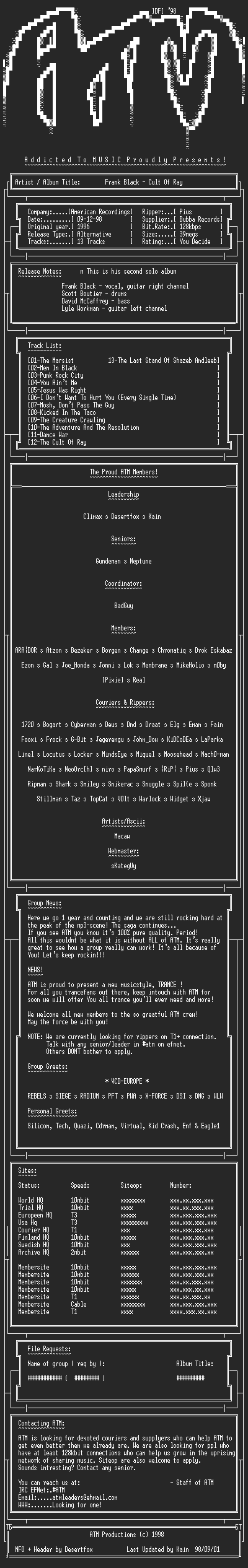 NFO file for Frank_Black_-_Cult_Of_Ray_(1996)-ATM