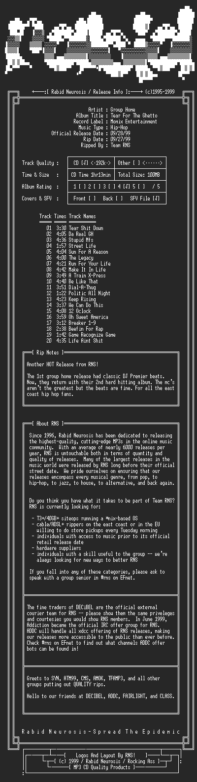 NFO file for Group_Home-Tear_For_The_Ghetto-1999-RNS