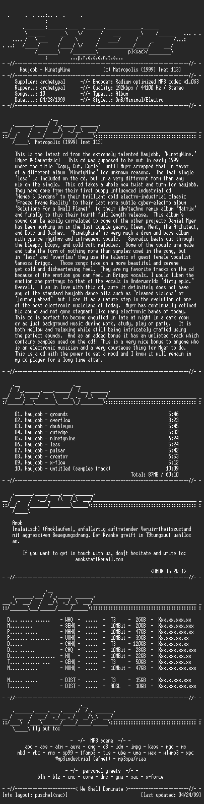 NFO file for Haujobb-NinetyNine_(1999)-AMOK