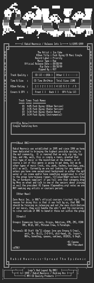 NFO file for Ice_Cube-Fuck_Dying_CD_Maxi_Single-1999-RNS