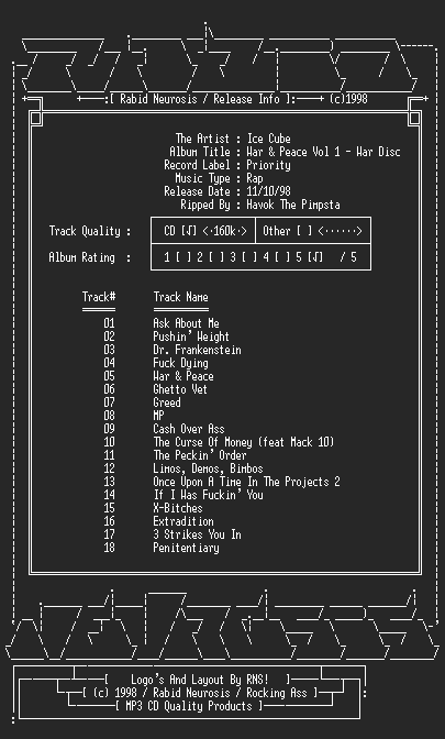 NFO file for Ice_Cube-War_And_Peace_Vol._1_(The_War_Disc)-1998-RNS