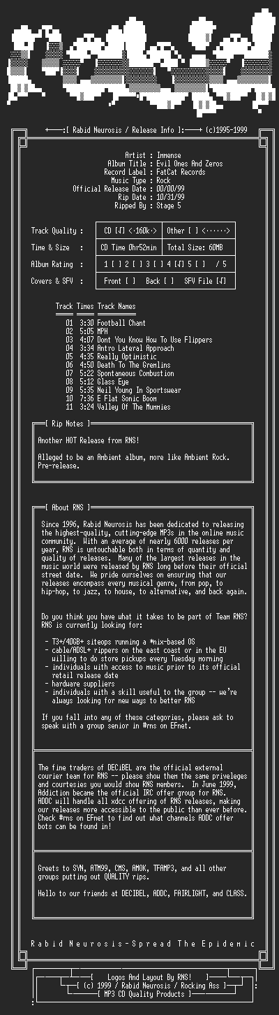 NFO file for Immense-Evil_Ones_And_Zeros-1999-RNS