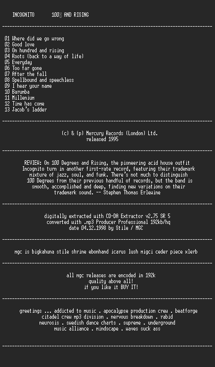NFO file for Incognito_-_100_Degrees_And_Rising-MGC
