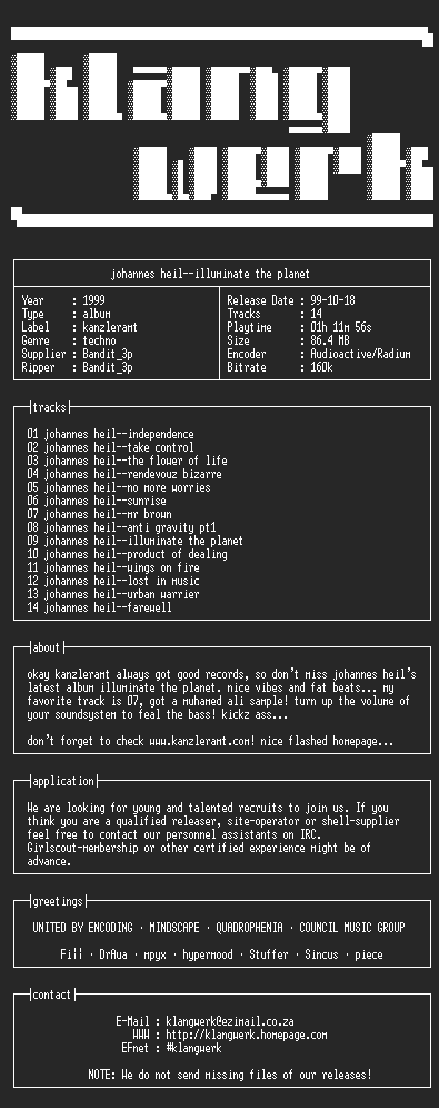 NFO file for Johannes.heil--illuminate.the.planet-1999-kW