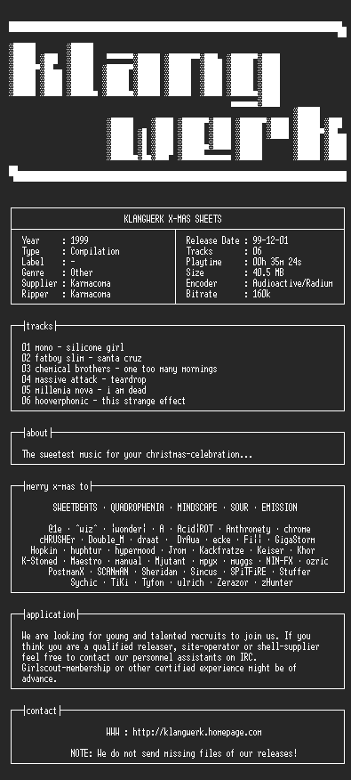 NFO file for klangwerk.x-mas.sweets-1999-kW