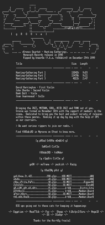 NFO file for Kronos_Quartet-Hunting_Gathering-1990-gRVe