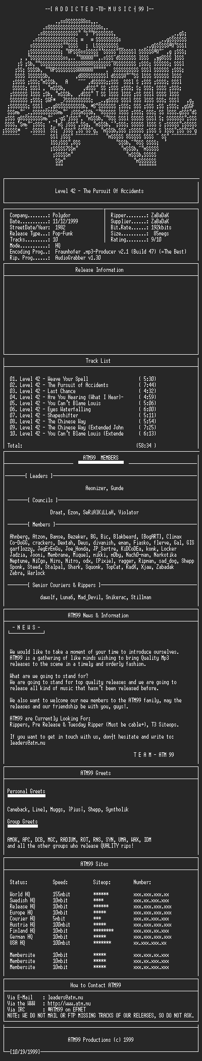 NFO file for Level_42_-_The_Pursuit_Of_Accidents_(1982)-ATM99