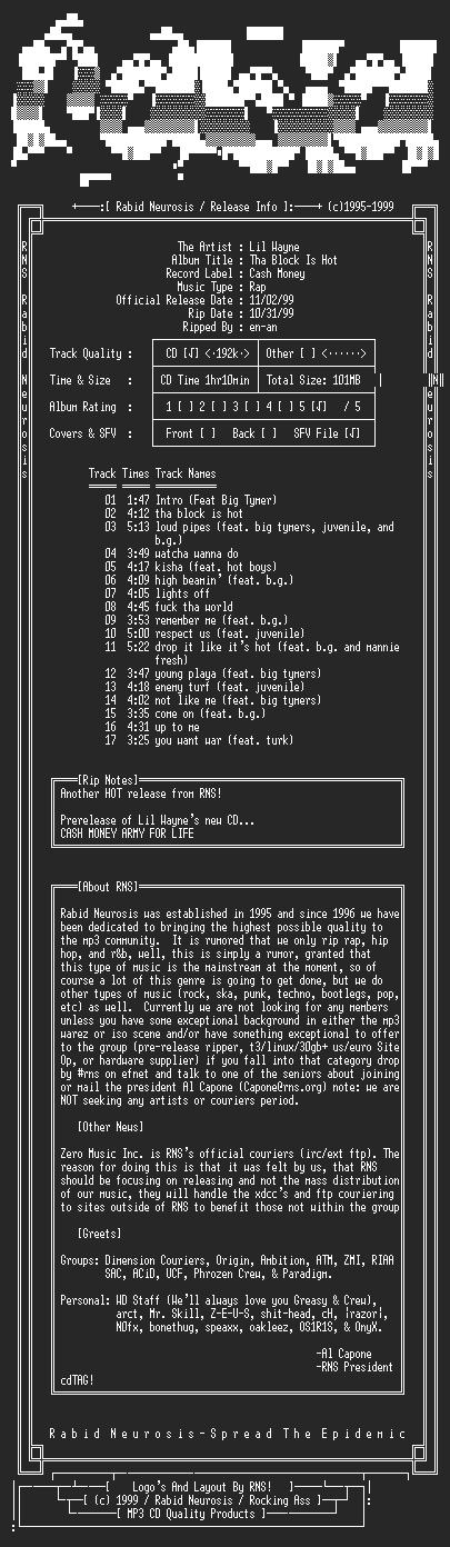 NFO file for Lil_Wayne-Tha_Block_Is_Hot-1999-RNS