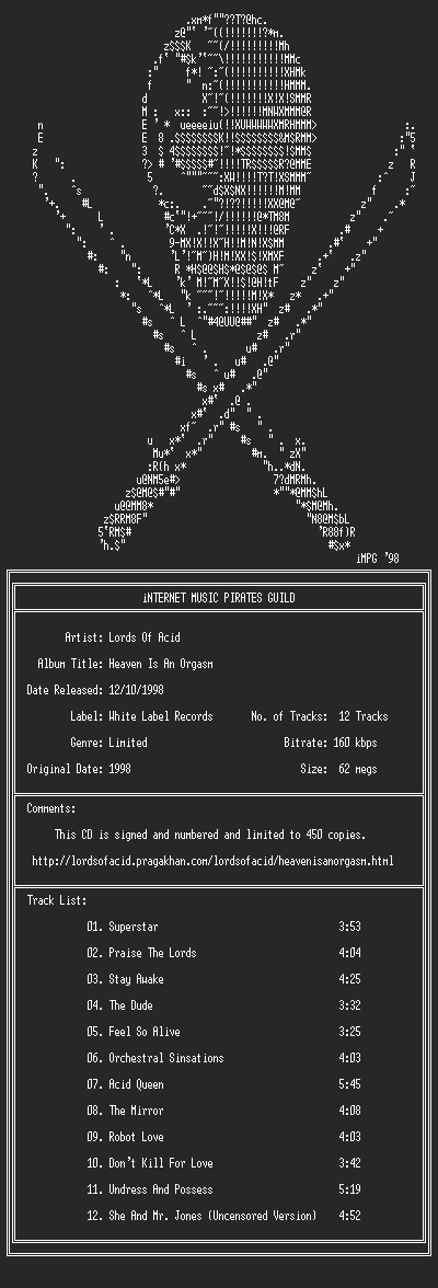 NFO file for Lords_Of_Acid--Heaven_Is_An_Orgasm_(Limited)-(1998)-iMPG