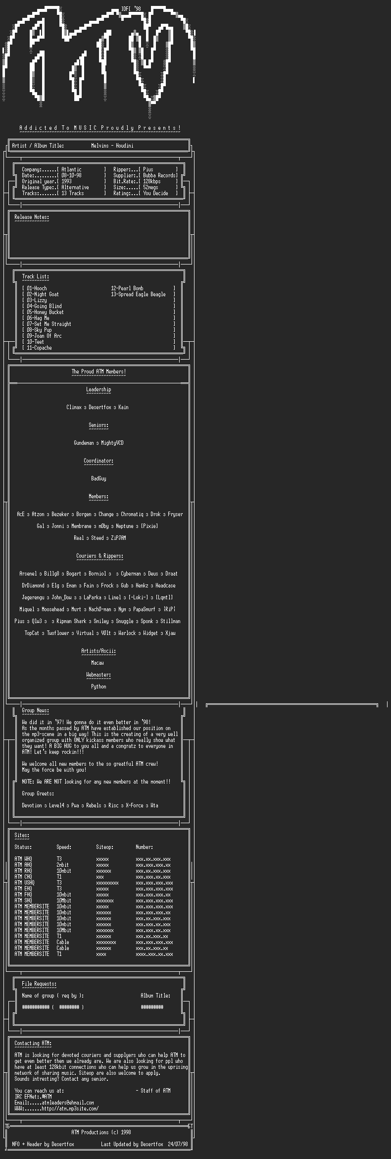 NFO file for Melvins_-_Houdini_(1993)_-_ATM