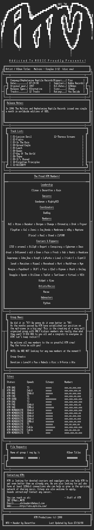 NFO file for Melvins_-_Singles_1-12_(1997)_-_ATM