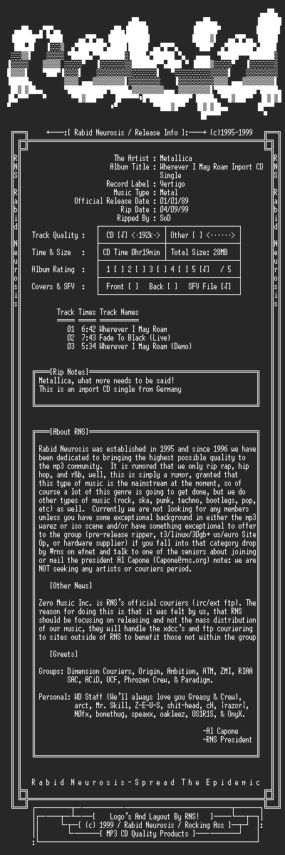 NFO file for Metallica-Wherever_I_May_Roam-Import_CD_Single-1992-RNS