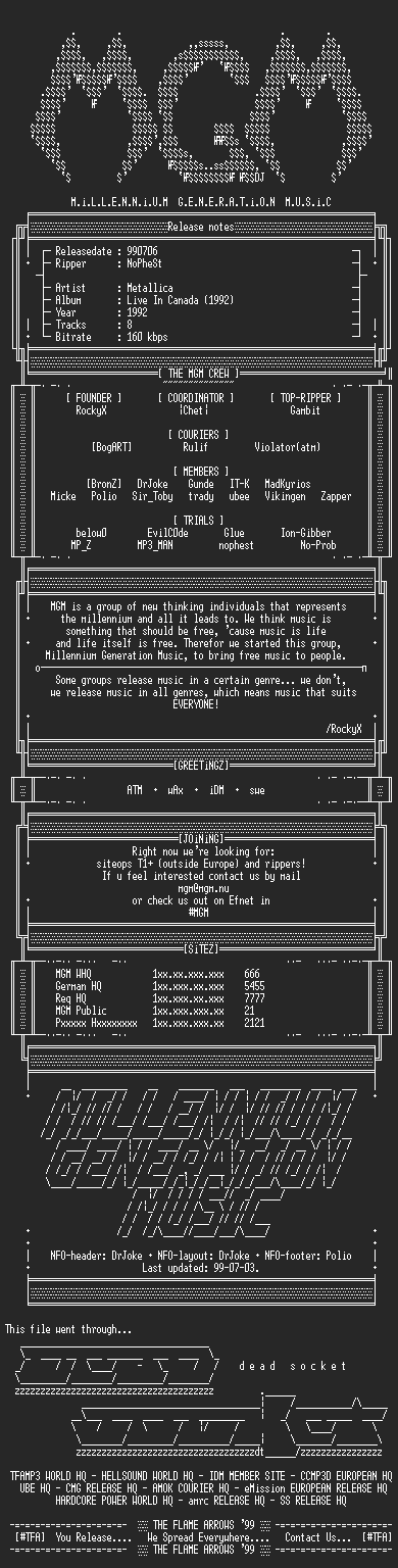 NFO file for Metallica_-_Live_In_Canada_(1992)-MGM