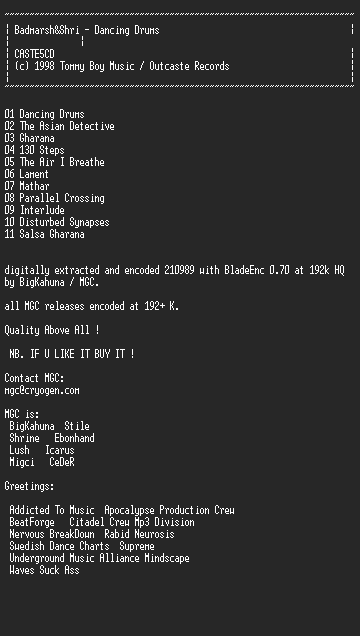 NFO file for Badmarsh&Shri_-_Dancing_Drums-MGC