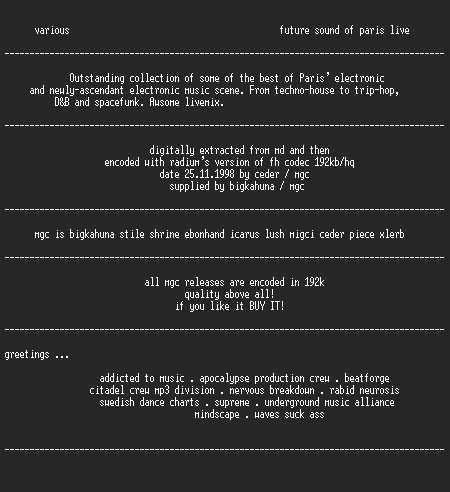 NFO file for Future_Sound_of_Paris_live-MGC