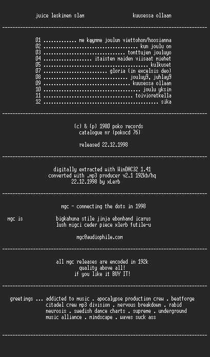 NFO file for Juice_Leskinen_Slam_-_Kuusessa_Ollaan-MGC