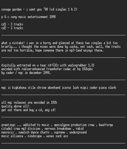 NFO file for Savage_Garden_-_I_Want_You_98_(CDS)-MGC